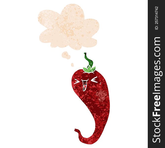 cartoon hot chili pepper with thought bubble in grunge distressed retro textured style. cartoon hot chili pepper with thought bubble in grunge distressed retro textured style