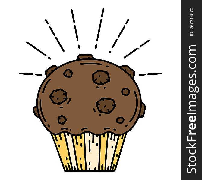 illustration of a traditional tattoo style chocolate muffin