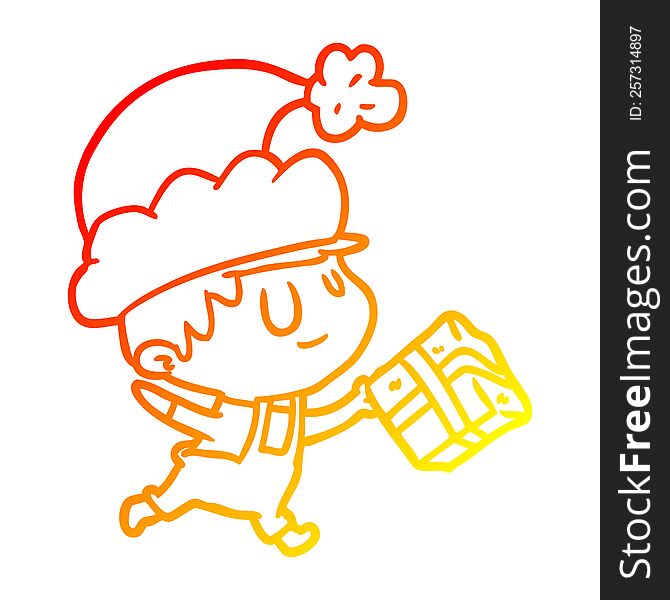 Warm Gradient Line Drawing Happy Christmas Elf With Present