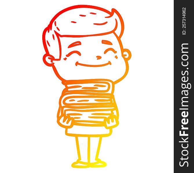 warm gradient line drawing happy cartoon man with stack of books