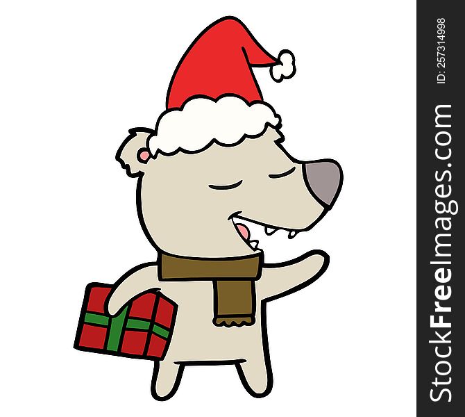 hand drawn line drawing of a bear with present wearing santa hat
