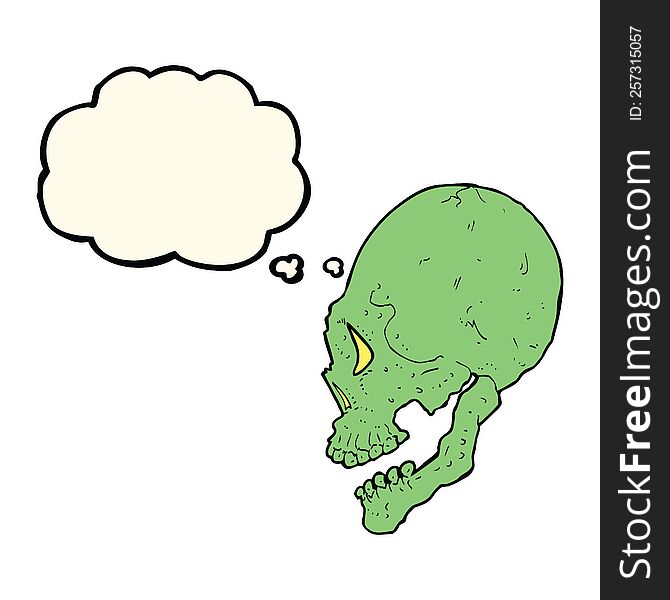 spooky skull illustration with thought bubble