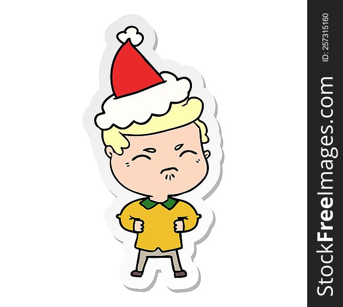 hand drawn sticker cartoon of a annoyed man wearing santa hat