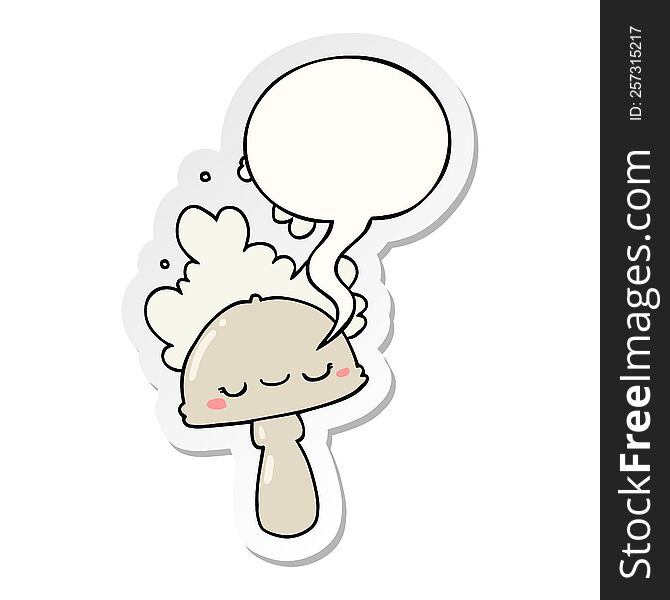 cartoon mushroom with spoor cloud with speech bubble sticker. cartoon mushroom with spoor cloud with speech bubble sticker