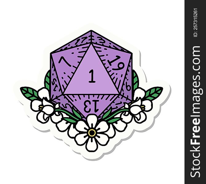 sticker of a natural one dice roll with floral elements. sticker of a natural one dice roll with floral elements