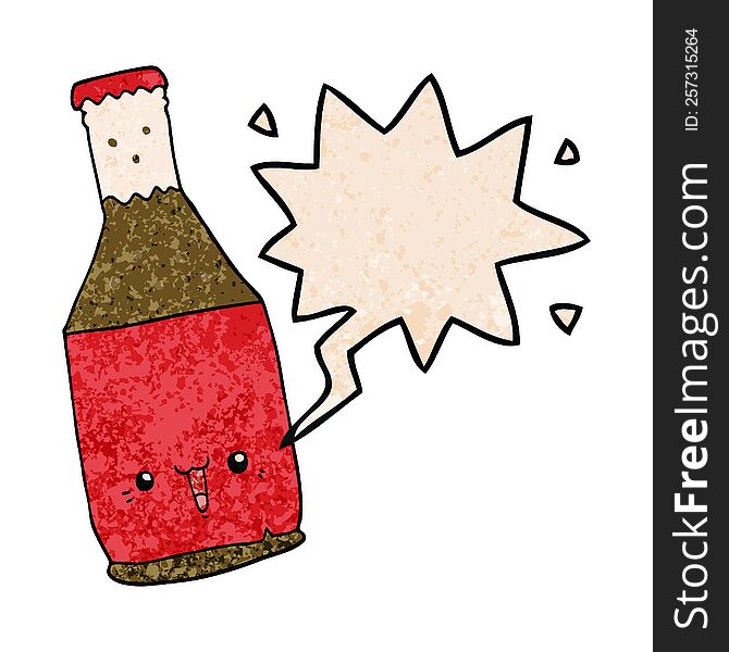 cartoon beer bottle with speech bubble in retro texture style