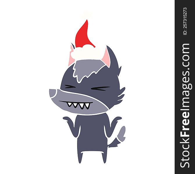 angry wolf hand drawn flat color illustration of a wearing santa hat. angry wolf hand drawn flat color illustration of a wearing santa hat