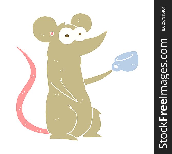 Flat Color Illustration Of A Cartoon Mouse With Coffee Cup
