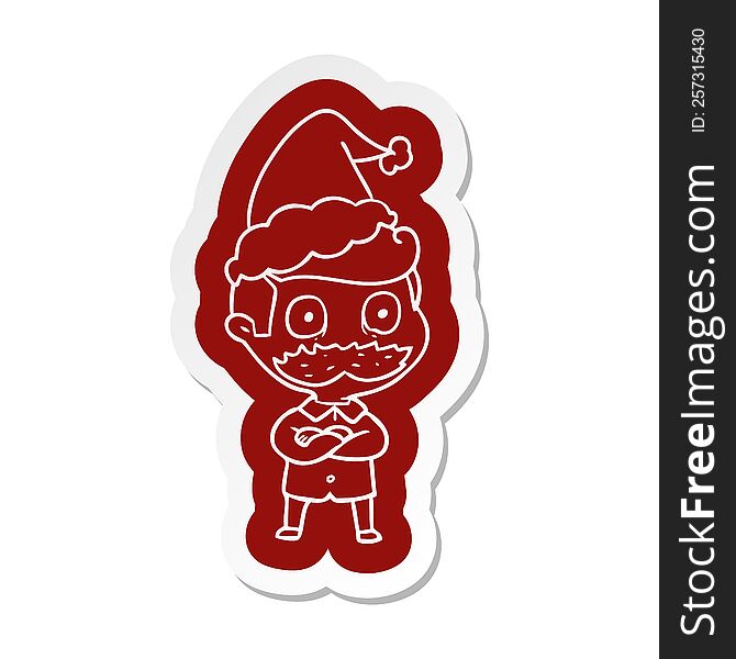 quirky cartoon  sticker of a man with mustache shocked wearing santa hat