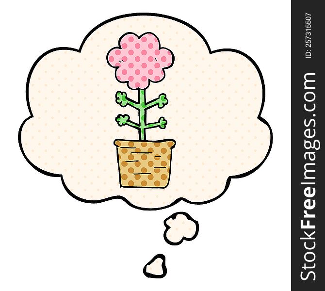 cute cartoon flower with thought bubble in comic book style