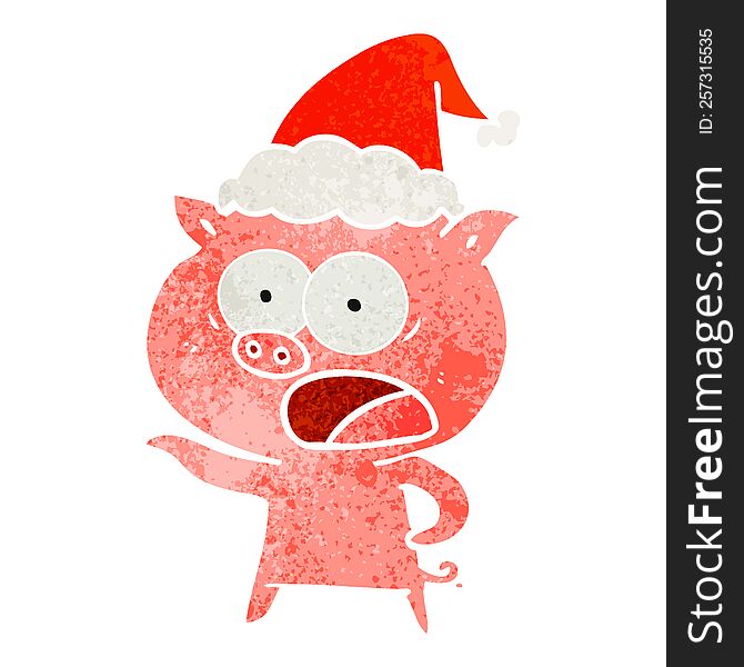 Retro Cartoon Of A Pig Shouting Wearing Santa Hat