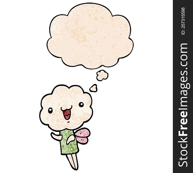 cute cartoon cloud head creature with thought bubble in grunge texture style. cute cartoon cloud head creature with thought bubble in grunge texture style