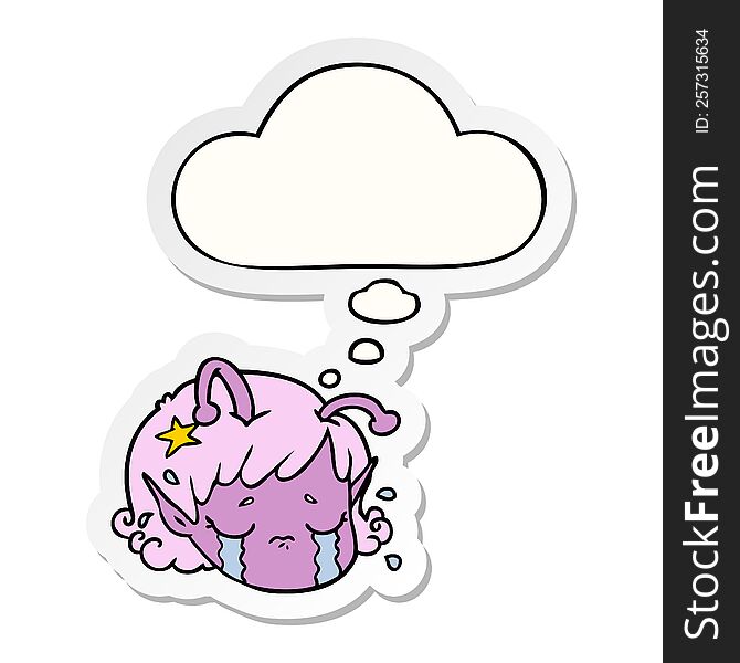 cartoon alien space girl face crying with thought bubble as a printed sticker