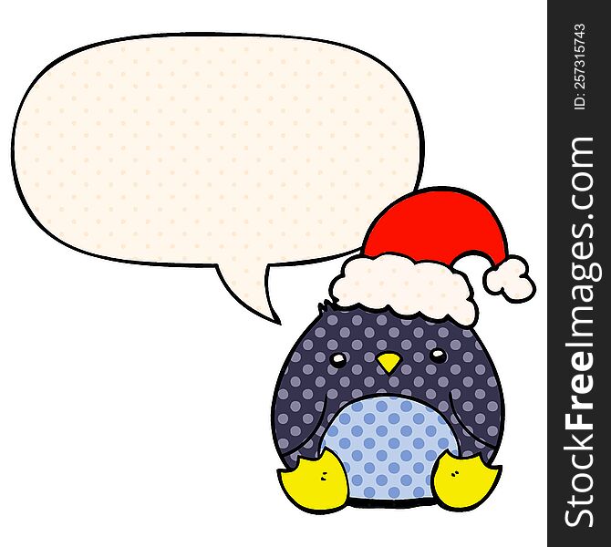 cute cartoon penguin wearing christmas hat with speech bubble in comic book style