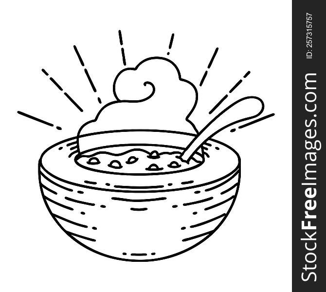 traditional black line work tattoo style bowl of soup