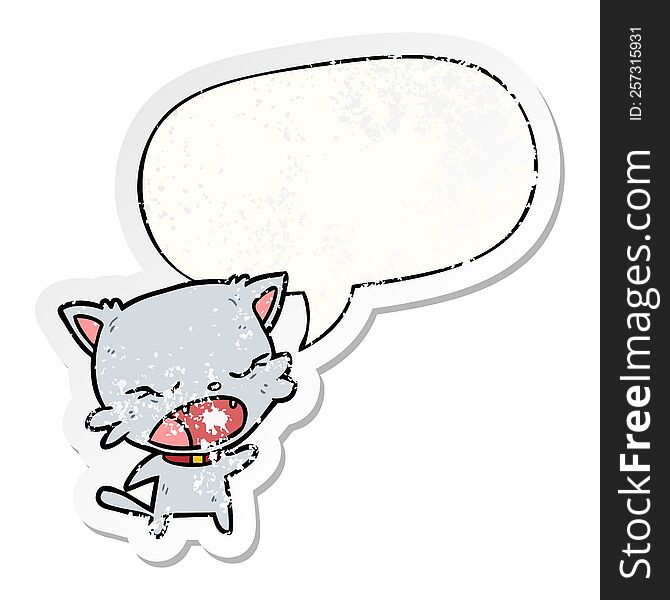 cute cartoon cat talking with speech bubble distressed distressed old sticker. cute cartoon cat talking with speech bubble distressed distressed old sticker
