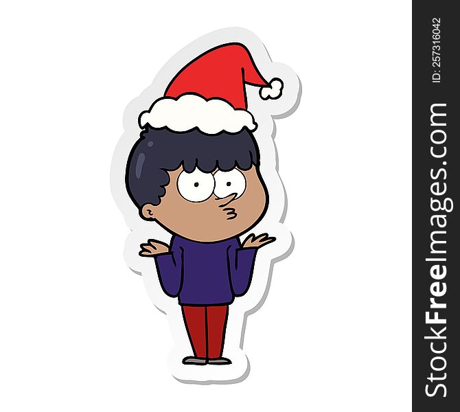 Sticker Cartoon Of A Curious Boy Shrugging Shoulders Wearing Santa Hat