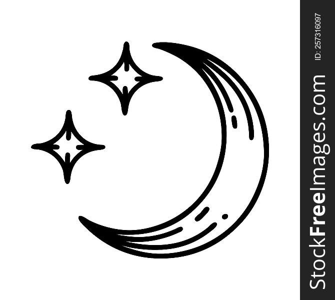tattoo in black line style of a moon and stars. tattoo in black line style of a moon and stars
