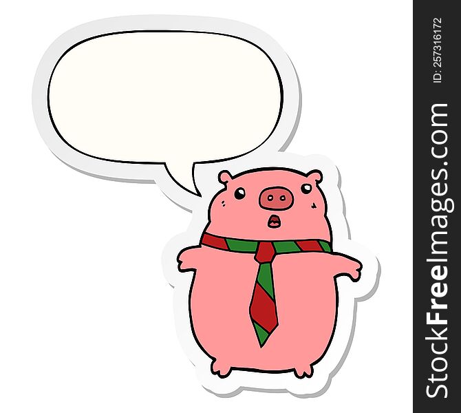 Cartoon Pig Wearing Office Tie And Speech Bubble Sticker