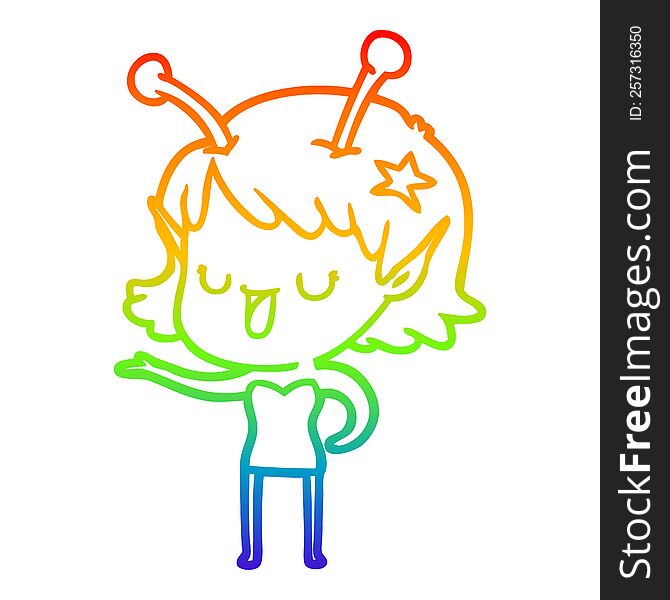 rainbow gradient line drawing of a happy alien girl cartoon laughing