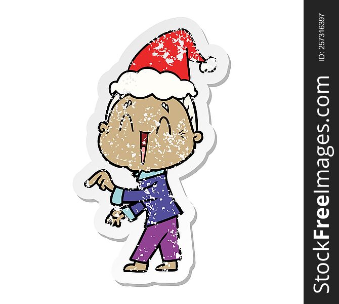 Distressed Sticker Cartoon Of A Happy Old Lady Wearing Santa Hat