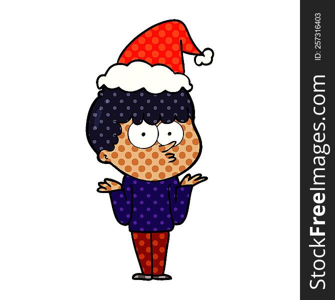 hand drawn comic book style illustration of a curious boy shrugging shoulders wearing santa hat