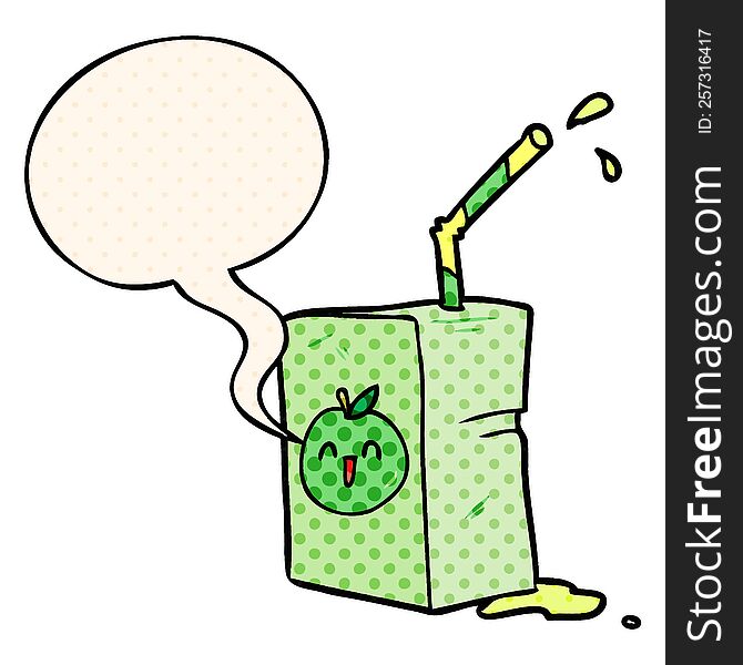 cartoon apple juice box with speech bubble in comic book style