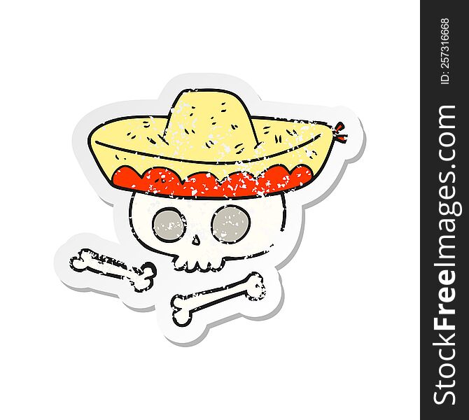retro distressed sticker of a cartoon skull in mexican hat