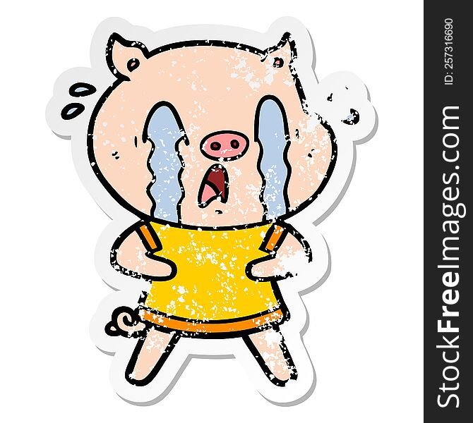 distressed sticker of a crying pig cartoon wearing human clothes