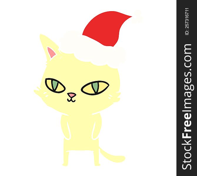 hand drawn flat color illustration of a cat with bright eyes wearing santa hat