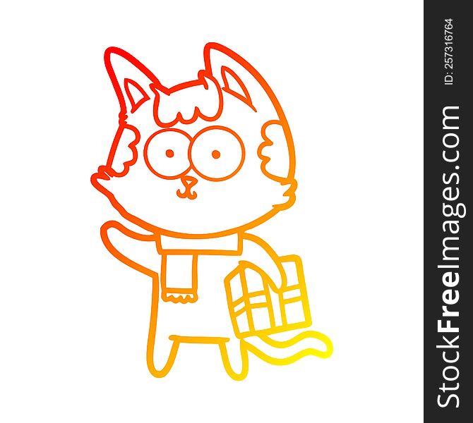 Warm Gradient Line Drawing Happy Cartoon Cat With Christmas Present