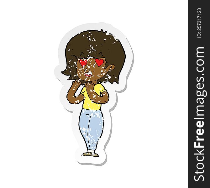 Retro Distressed Sticker Of A Cartoon Woman In Love