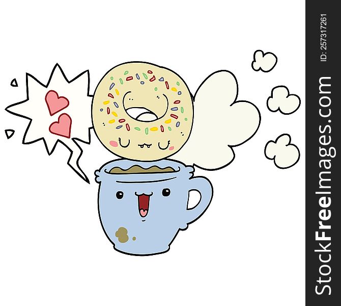 cute cartoon donut and coffee with speech bubble