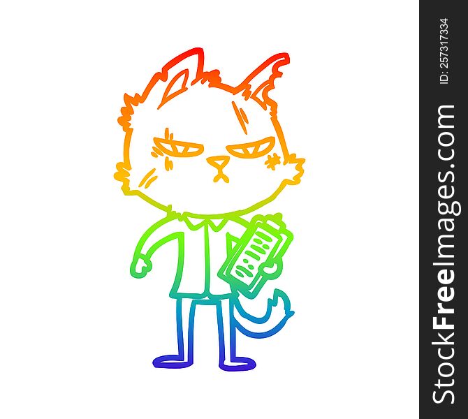 Rainbow Gradient Line Drawing Tough Cartoon Cat With Clipboard