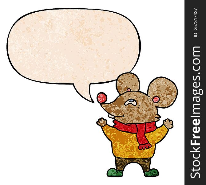 cartoon mouse wearing scarf with speech bubble in retro texture style
