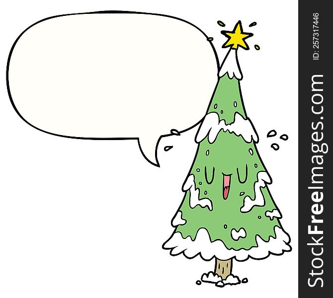 cartoon snowy christmas tree with happy face with speech bubble. cartoon snowy christmas tree with happy face with speech bubble
