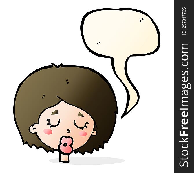 cartoon woman with eyes closed with speech bubble