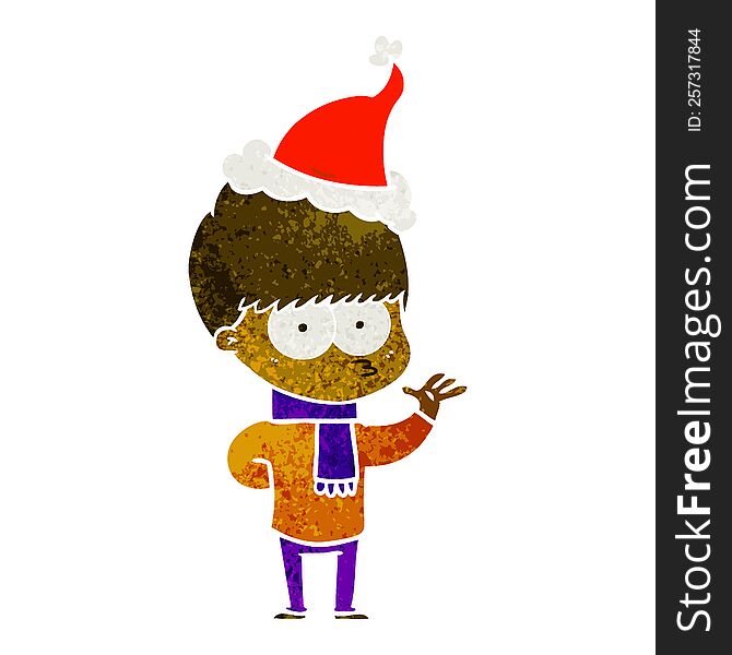 nervous hand drawn retro cartoon of a boy wearing santa hat. nervous hand drawn retro cartoon of a boy wearing santa hat