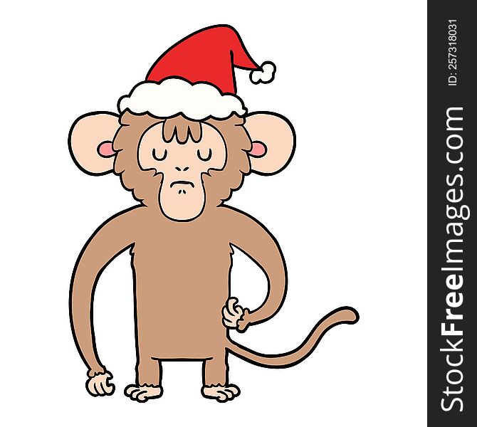 hand drawn line drawing of a monkey scratching wearing santa hat
