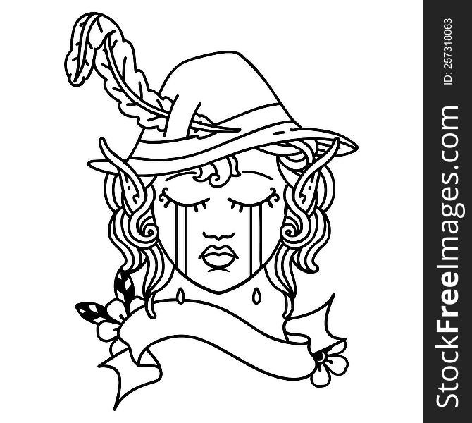 Black and White Tattoo linework Style crying elven bard character. Black and White Tattoo linework Style crying elven bard character