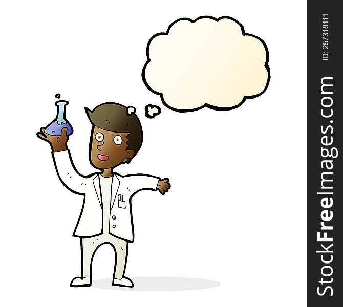 Cartoon Happy Scientist With Thought Bubble