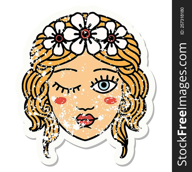 distressed sticker tattoo in traditional style of a maidens face winking. distressed sticker tattoo in traditional style of a maidens face winking