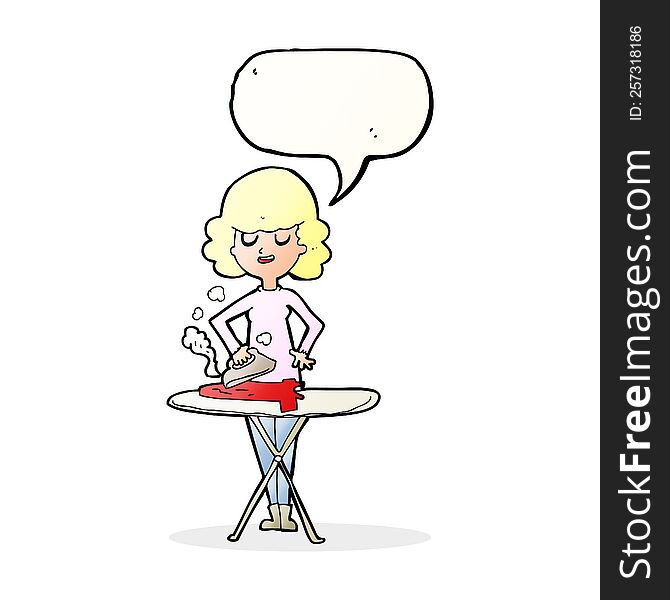 cartoon woman ironing with speech bubble