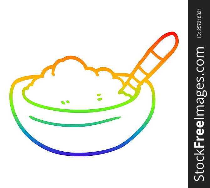 rainbow gradient line drawing of a cartoon bowl of mashed potato