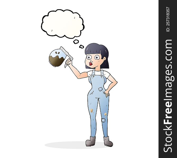 Thought Bubble Cartoon Woman In Dungarees With Coffee