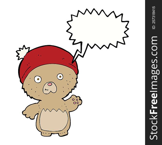 Cartoon Cute Teddy Bear In Hat With Speech Bubble