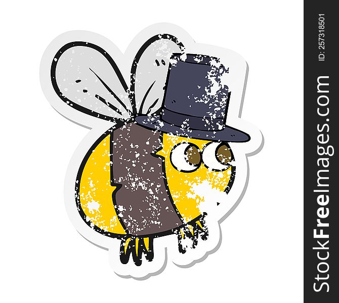 retro distressed sticker of a cartoon bee in top hat