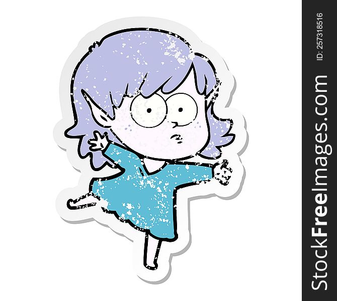 Distressed Sticker Of A Cartoon Elf Girl Staring