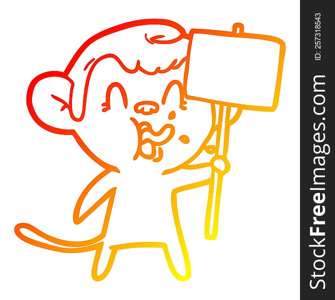 warm gradient line drawing crazy cartoon monkey with sign