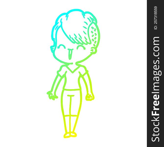 Cold Gradient Line Drawing Happy Cartoon Hipster Girl